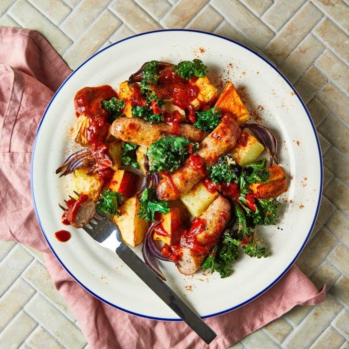 Curried sausage tray bake