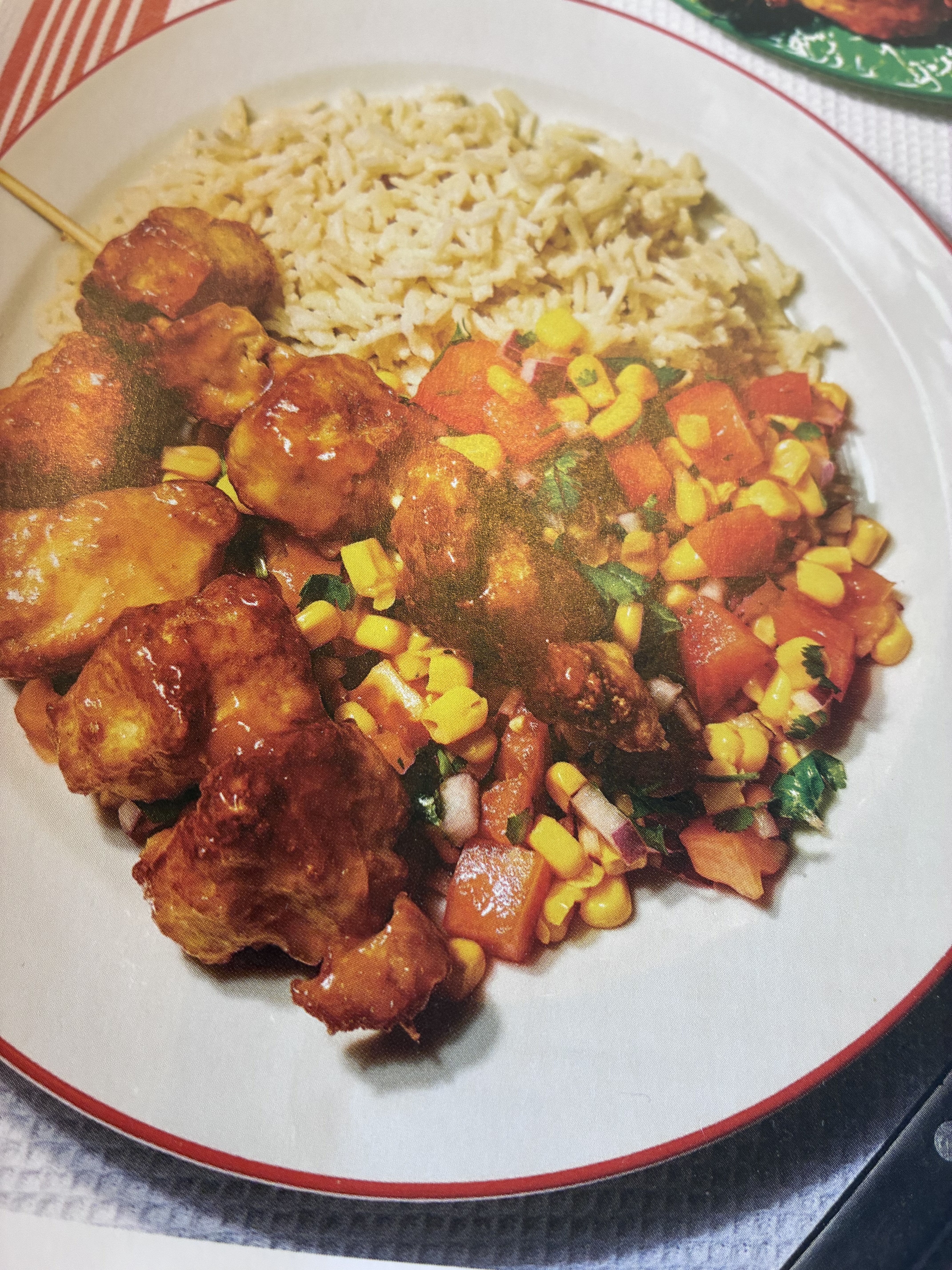 Sticky mango tofu skewers with sticky coconut rice & charred sweetcorn salsa
